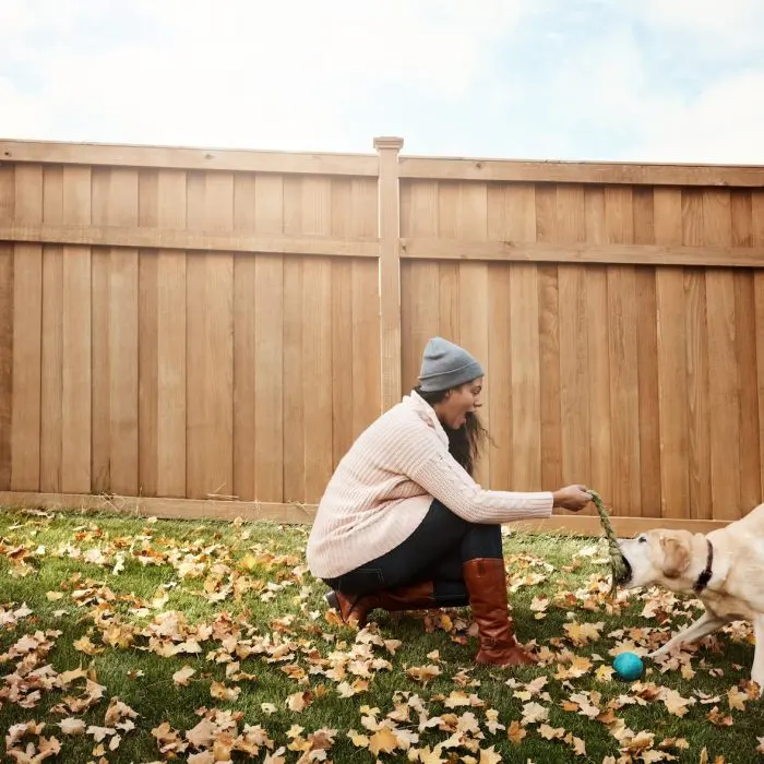 Wood Privacy Fence behind Indiana homeowner with dog